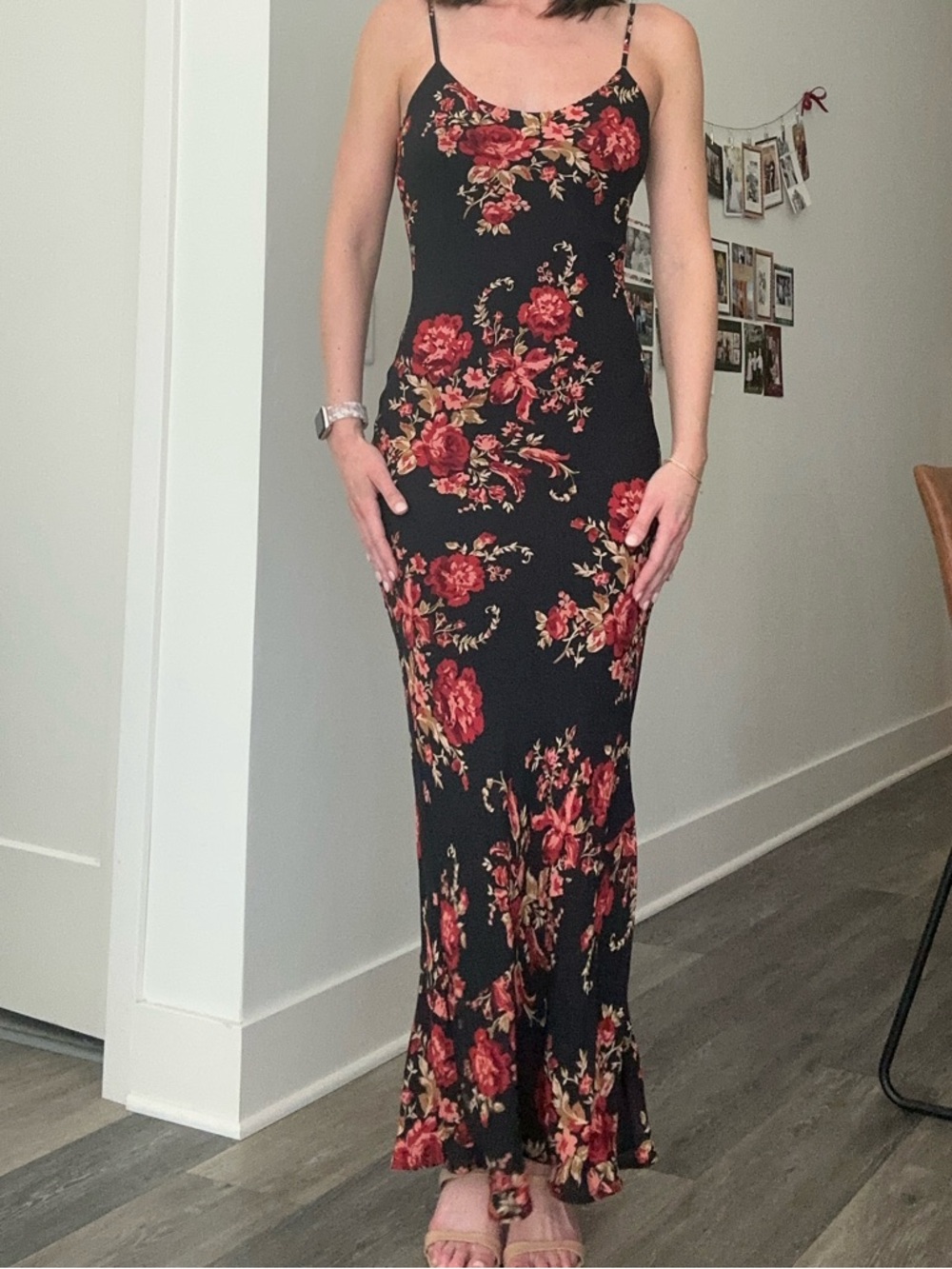 Reformation Black Maxi Slip Dress with Red Floral Print
